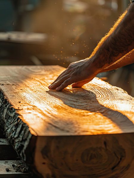 A woodworker inspects freshly cut piece of timber, showcasing craftsmanship.